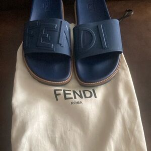 Fendi Blue and Brown Sandals with Logo Embossed Strap